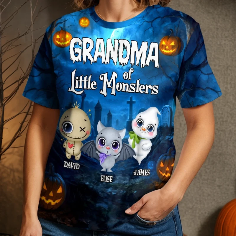 Little Monsters Light Up Halloween Grandma - Personalized All-Over Print T-Shirt - Halloween Gift for Grandma/Nana/Mimi, Mom, Wife