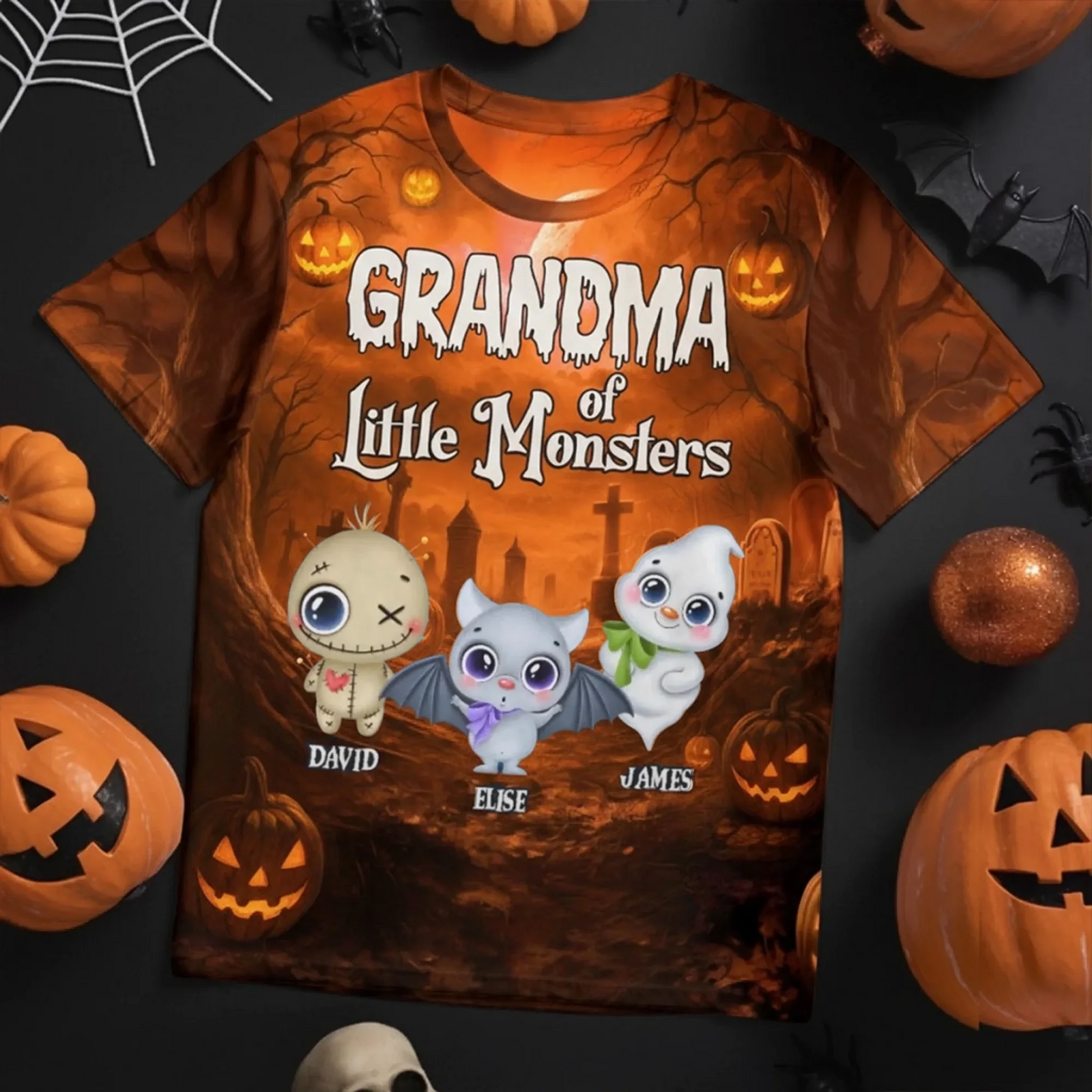 Little Monsters Light Up Halloween Grandma - Personalized All-Over Print T-Shirt - Halloween Gift for Grandma/Nana/Mimi, Mom, Wife