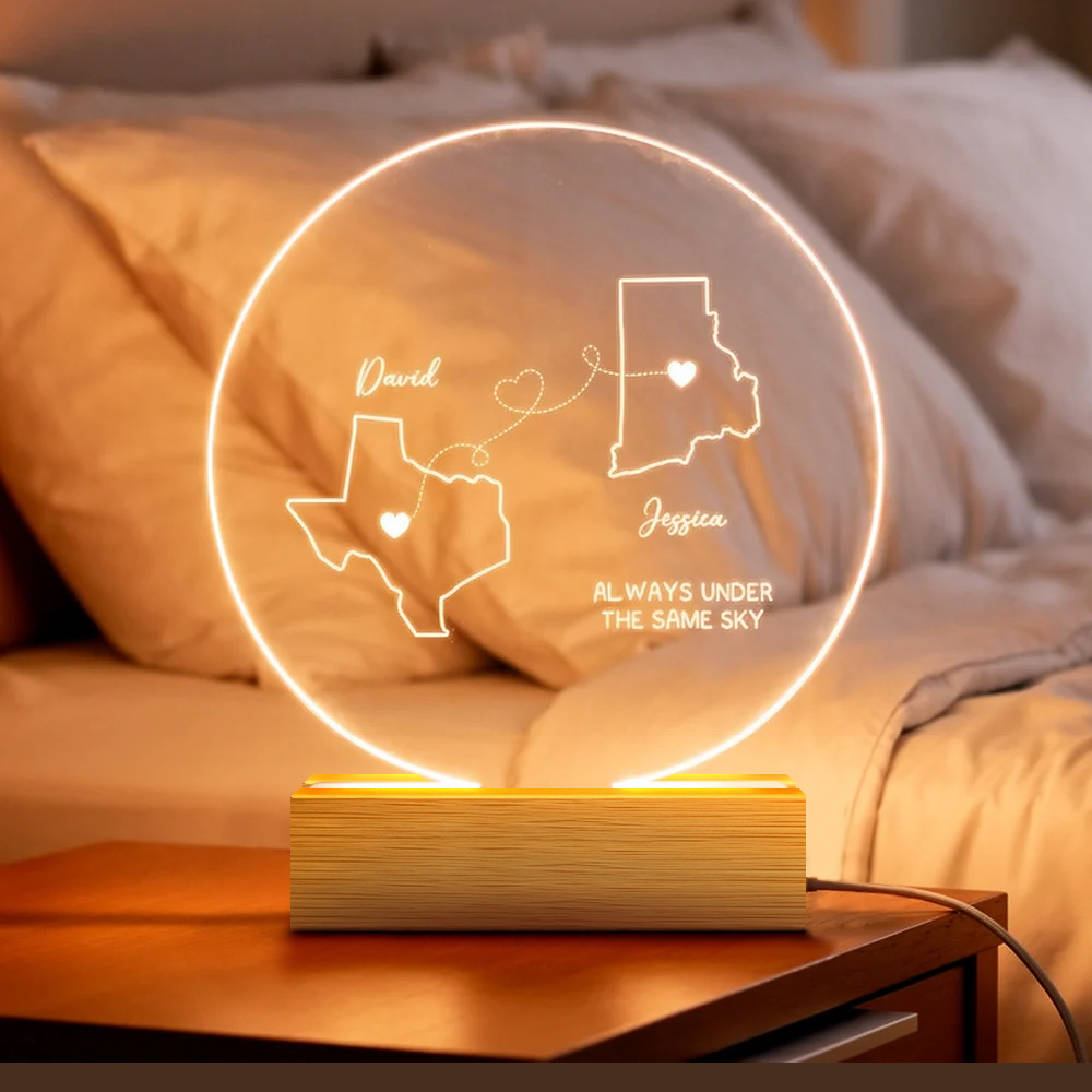 Long Distance Couple Always Under The Same Sky - Personalized 3D Led Light Wooden Base - Gift For Her/Him, Wife/Husband, Girlfriend/Boyfriend on Anniversary, Valentine's Day