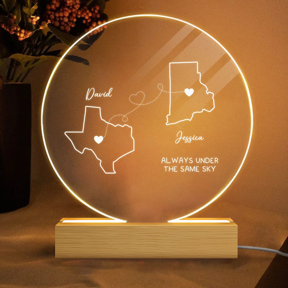 Long Distance Couple Always Under The Same Sky - Personalized 3D Led Light Wooden Base - Gift For Her/Him, Wife/Husband, Girlfriend/Boyfriend on Anniversary, Valentine's Day