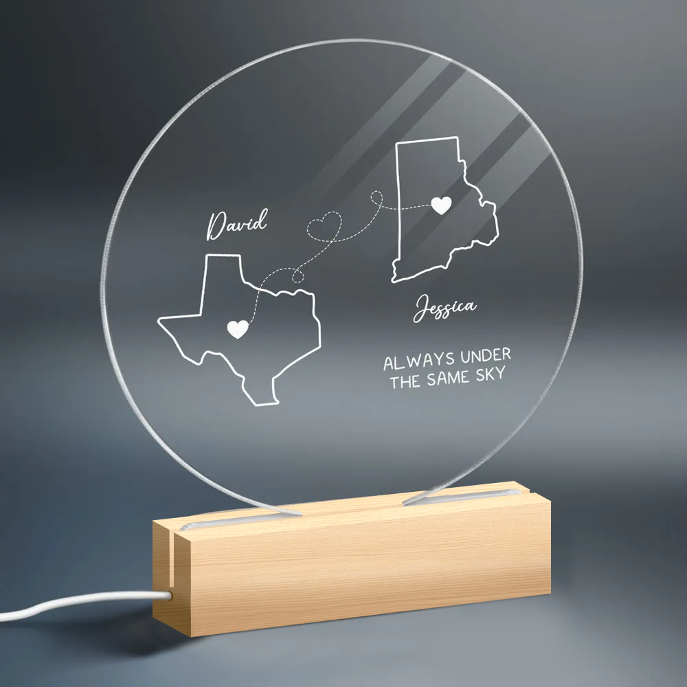 Long Distance Couple Always Under The Same Sky - Personalized 3D Led Light Wooden Base - Gift For Her/Him, Wife/Husband, Girlfriend/Boyfriend on Anniversary, Valentine's Day