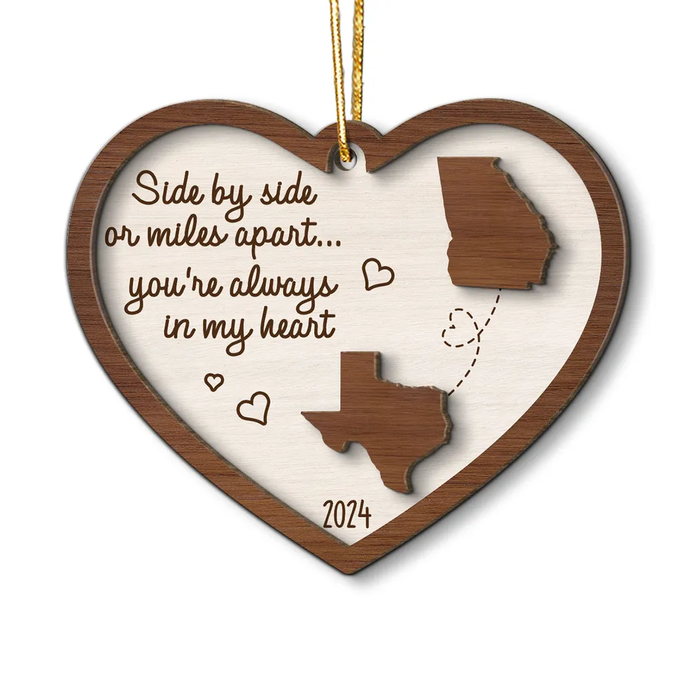 Miles Apart Long Distance Family Friendship State Map 2 layers custom shaped wooden ornament, alternate view 4