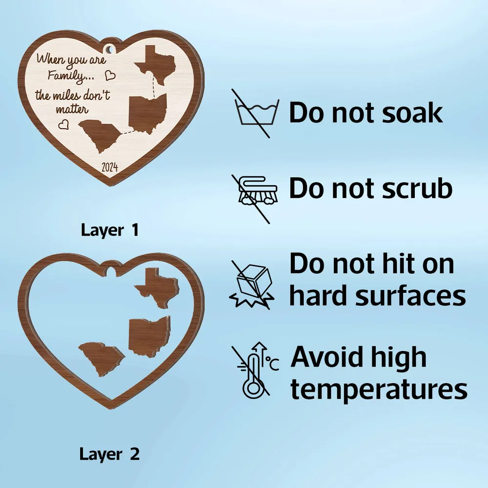 Miles Apart Long Distance Family Friendship State Map - Personalized Custom 2-layered Wood Ornament - Christmas Gift for Long Distance Family, Friendship Gift