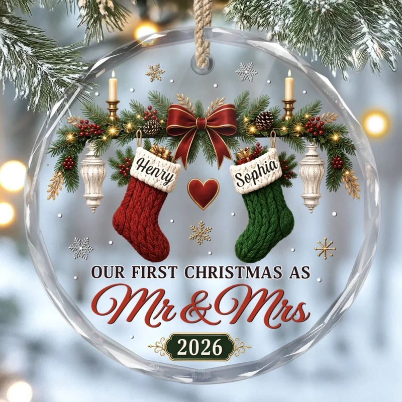 Our 1st Married Christmas Love Hanging On Tree - Personalized Circle Glass Ornament - Christmas Gift For Her/Him, Husband/Wife, Couples, Newlywed Wedding Gift