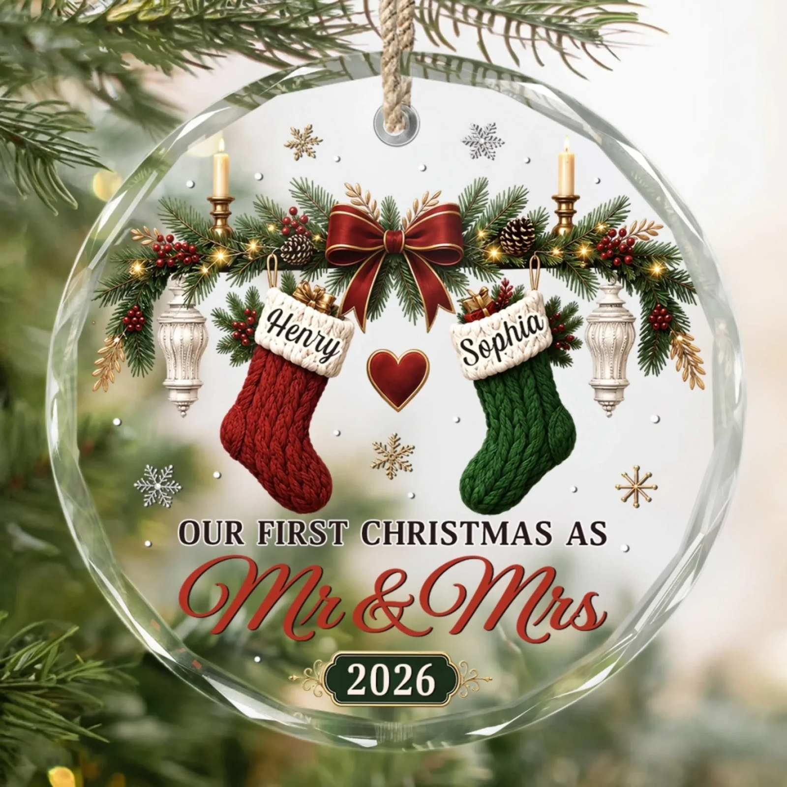 Our 1st Married Christmas Love Hanging On Tree - Personalized Circle Glass Ornament - Christmas Gift For Her/Him, Husband/Wife, Couples, Newlywed Wedding Gift
