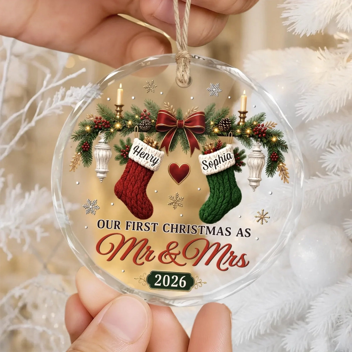 Our 1st Married Christmas Love Hanging On Tree - Personalized Circle Glass Ornament - Christmas Gift For Her/Him, Husband/Wife, Couples, Newlywed Wedding Gift