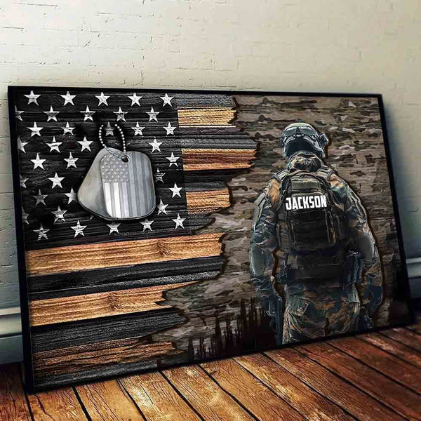 Custom Name Military American Flag - Personalized Canvas Prints - Gift For Military Veteran Dad Grandpa Veteran