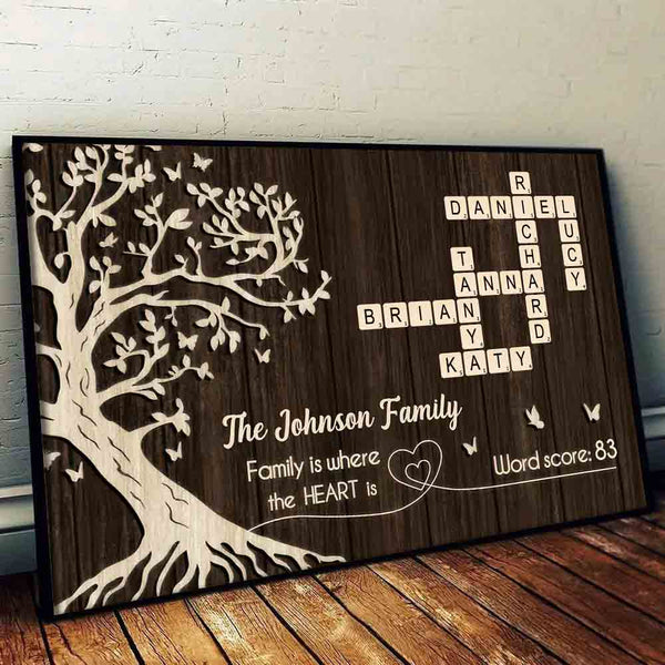Family is Where the Heart is, Crossword Tree of Life - Personalized Poster/Canvas Prints - Gift For Family Members, Mom and Dad