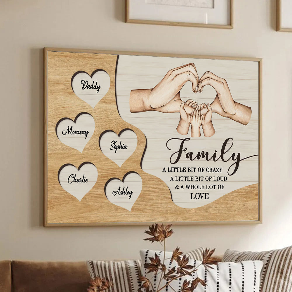 Personalized Family Hands A Whole Lot Of Love canvas print, framed in a bright living room