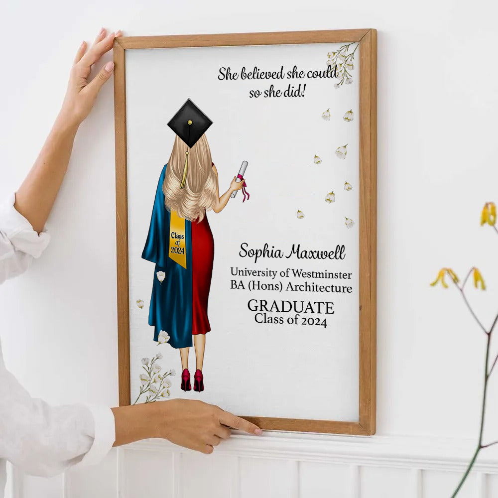 Personalized She Believed She Could So She Did poster, framed in a bright living room
