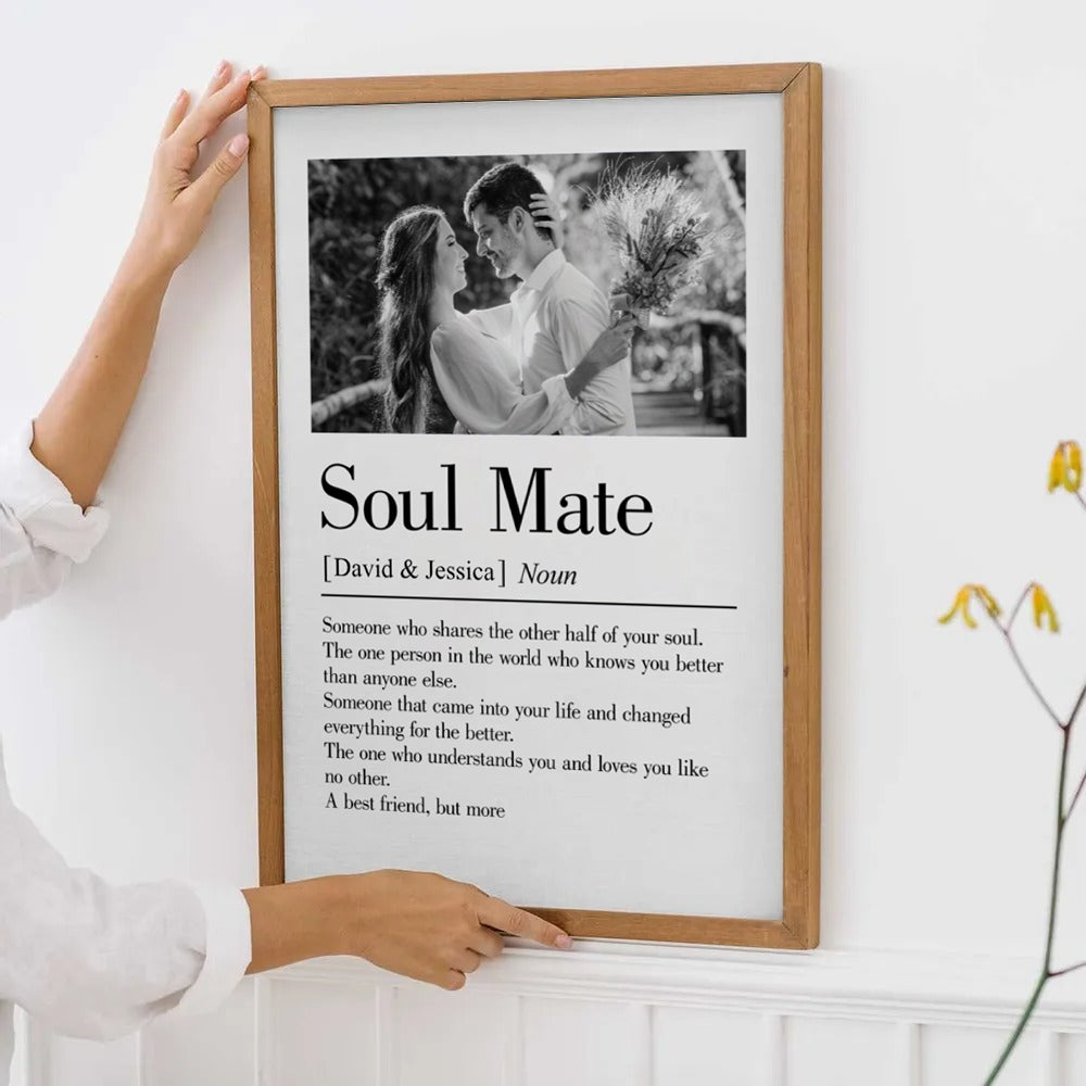Custom Photo Soul Mate Defination poster, framed in a bright living room