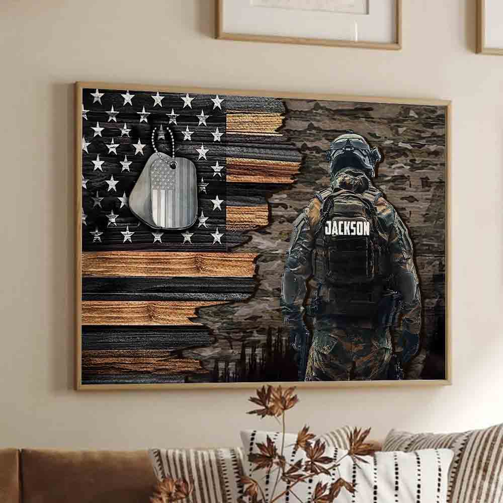 Personalized Custom Name Military American Flag canvas print, framed in a bright living room