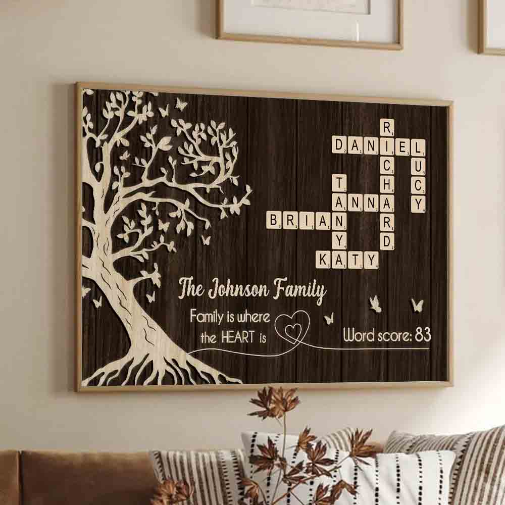 Personalized Family is Where the Heart is, Crossword Tree of Life canvas print, framed in a bright living room