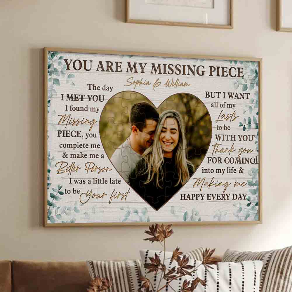 Personalized Custom Photo Couple You Are My Missing Piece canvas print, framed in a bright living room