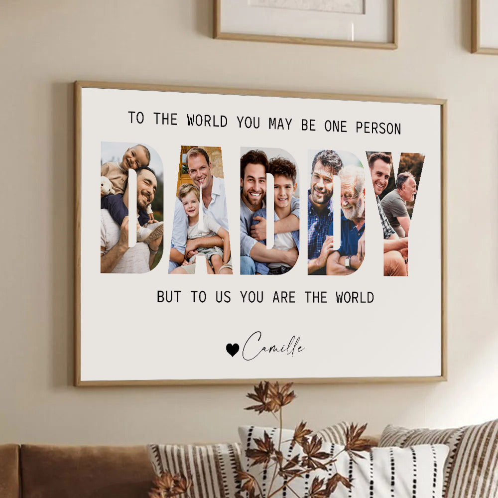 Custom Photo Daddy Photo Collage poster, framed in a bright living room