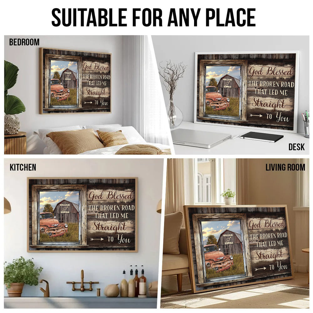 Personalized God Bless The Broken Road That Led Me Straight To You canvas print, room placement ideas for bedroom, desk