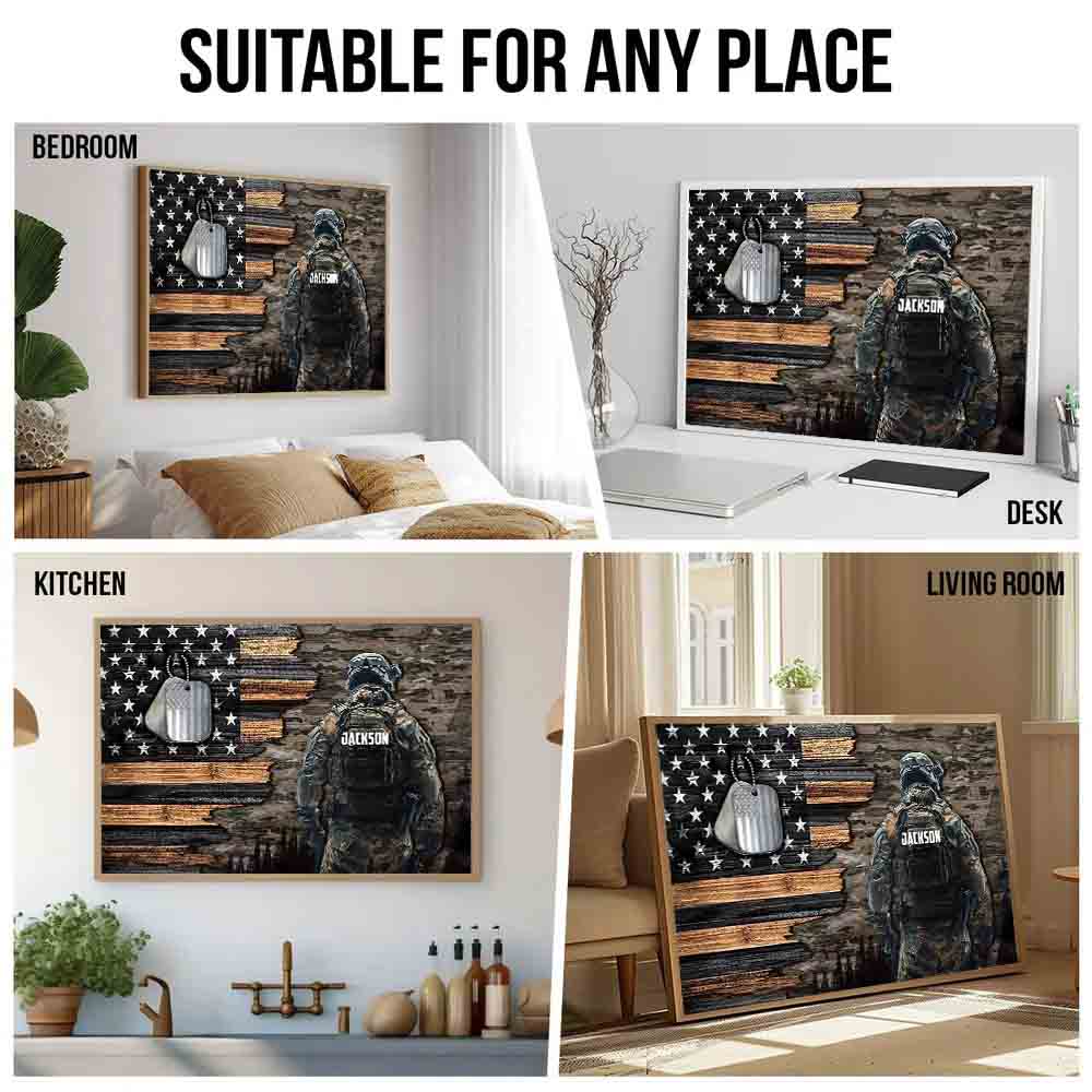 Personalized Custom Name Military American Flag canvas print, room placement ideas for bedroom, desk, kitchen and living room