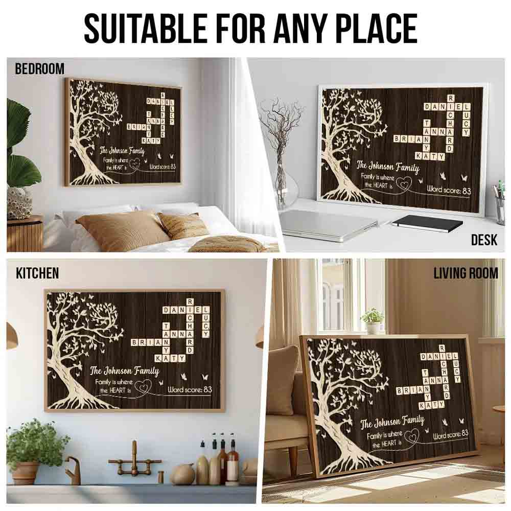 Personalized Family is Where the Heart is, Crossword Tree of Life canvas print, room placement ideas for bedroom, desk