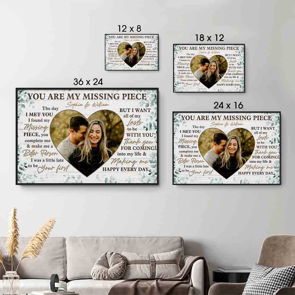 Personalized Custom Photo Couple You Are My Missing Piece canvas print, size options shown on a sofa wall