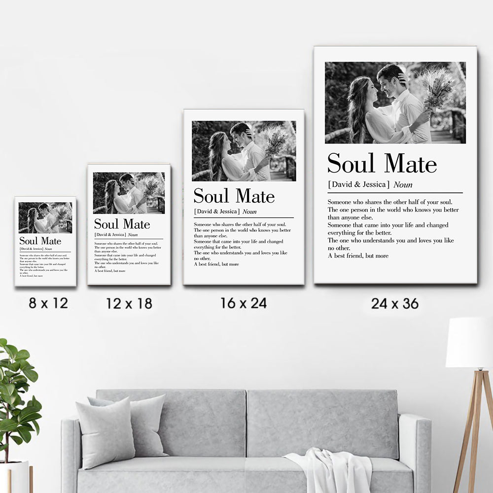 Custom Photo Soul Mate Defination poster, size options shown on a sofa wall