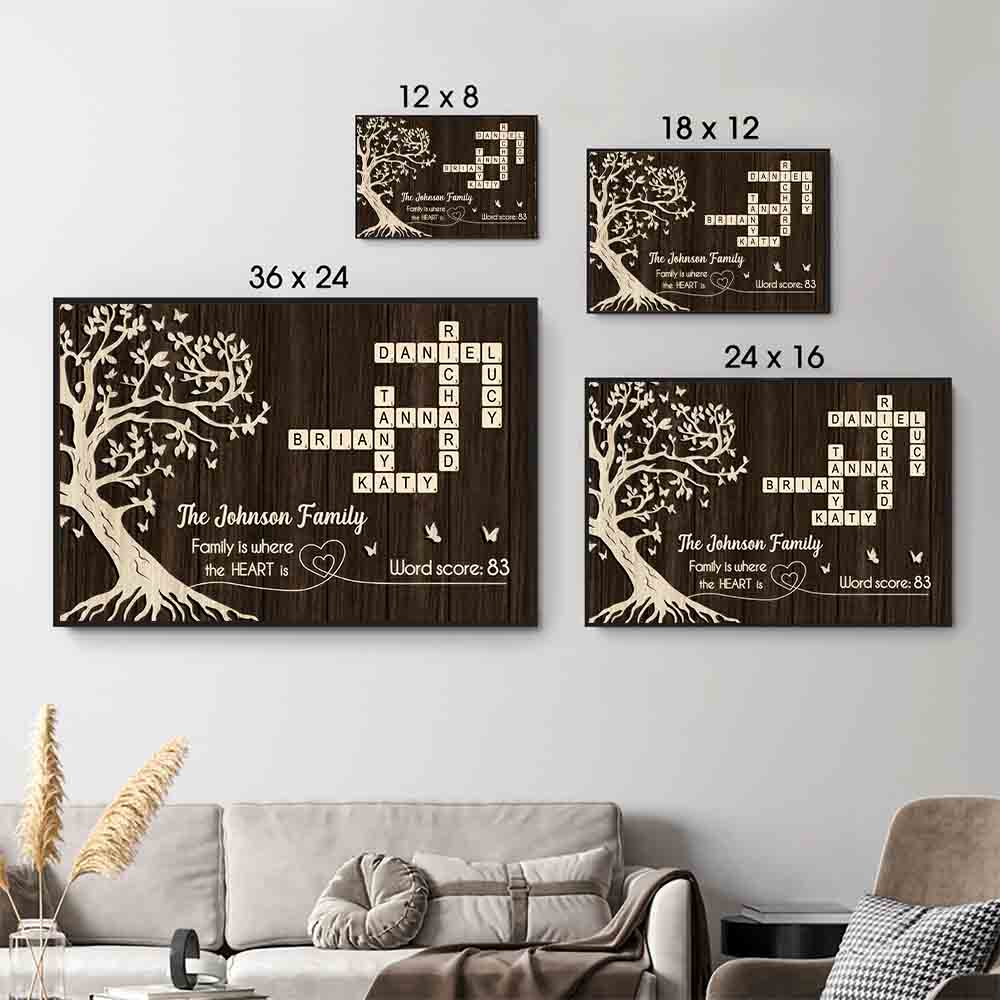 Personalized Family is Where the Heart is, Crossword Tree of Life canvas print, size options shown on a sofa wall