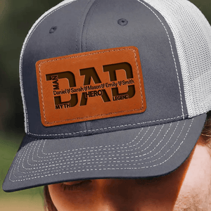 Custom Kids Names Dad The Man The Myth The Legend Our Hero - Personalized Engraved Leather Patch Trucker Hat - Custom Father's Day Gift for Him, Husband, Daddy, Grandpa, Dad Gift From Daughter, Custom Dad Cap, Gift For Dad with Kids Names