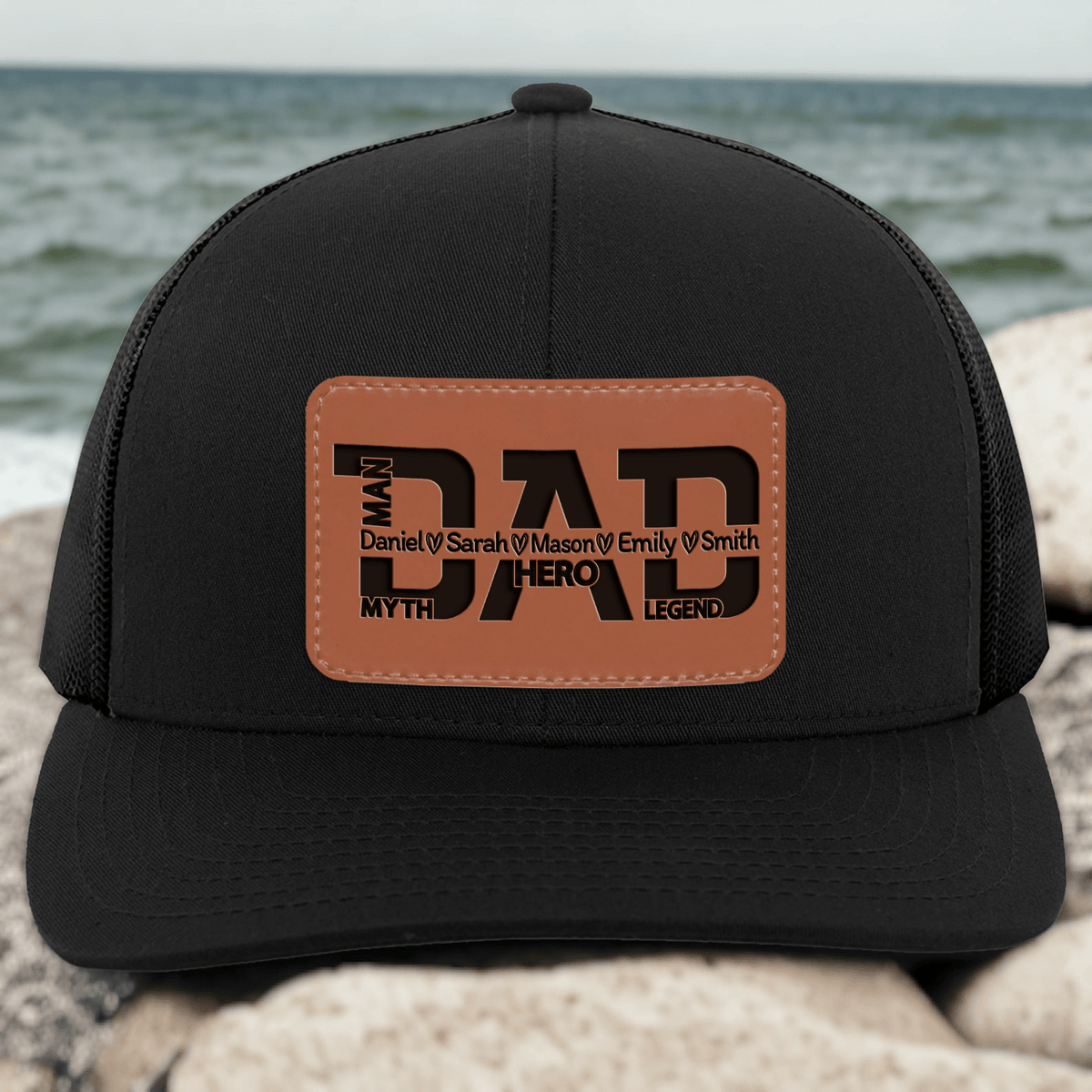 Custom Dad Hat with Kids Names - The Man Myth Legend - Personalized Leather Patch Trucker Hat - Father's Day Gift for Him, Husband, Daddy, Grandpa