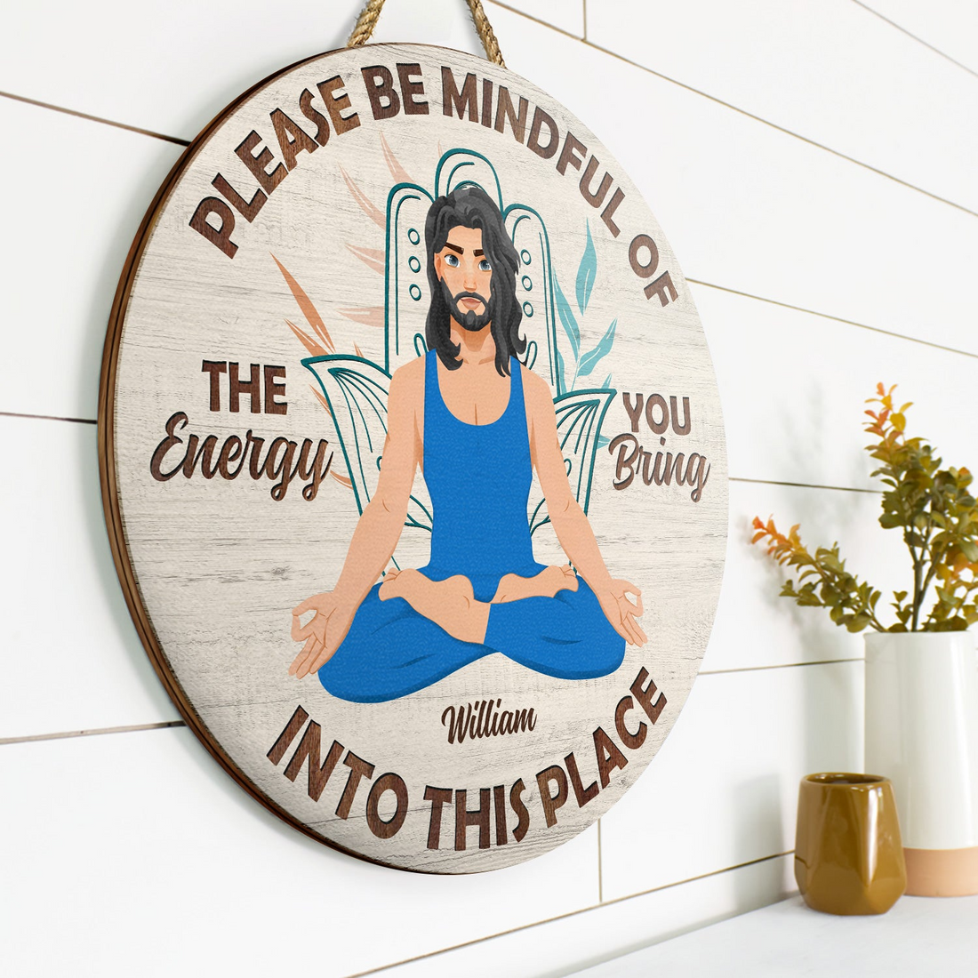 Personalized Please Be Mindful round wood sign, alternate view 2