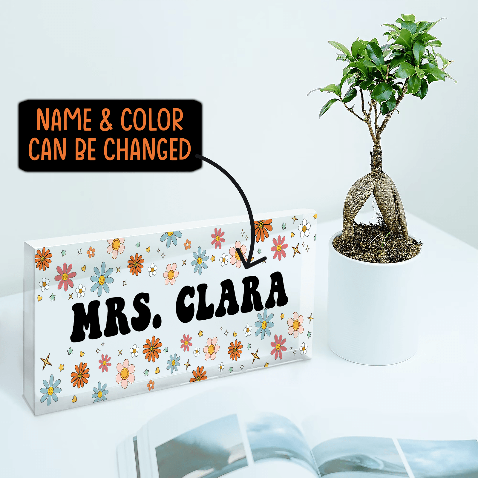 Flower Teacher Name - Personalized Custom Desk Name Plate, Name Sign, Acrylic Plaque - Back To School/First Day Of School, Birthday, Loving, Funny Gift for Teacher, Kindergarten, Preschool, Pre K, Paraprofessional - Suzitee Store