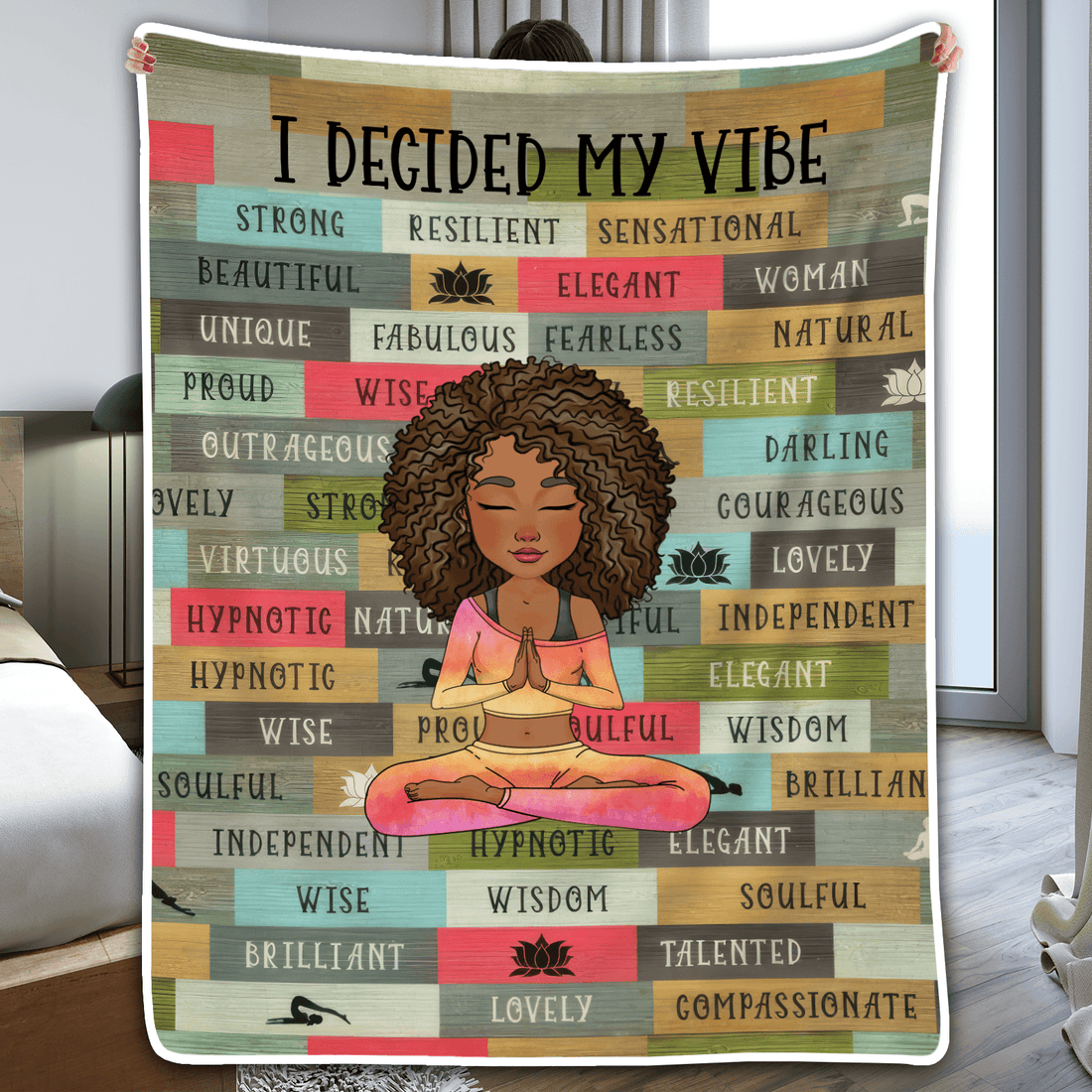 Personalized I Decided My Vibe fleece blanket, held up in a bright room