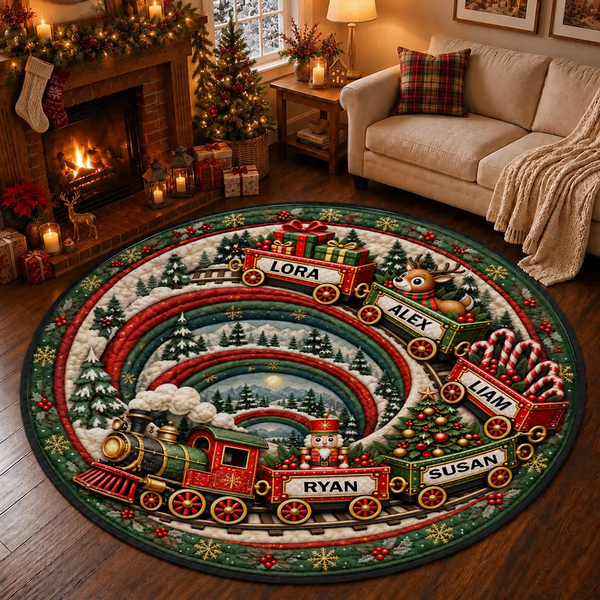 Magical Holiday Train Family - Personalized Quilted Round Mat - Christmas Gifts For Family, Mom, Dad, Brother, Sister