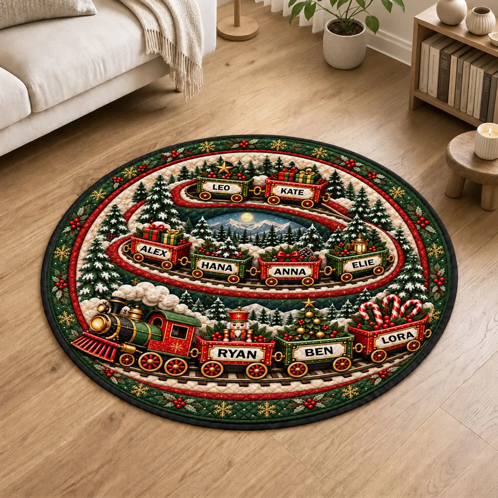 Magical Holiday Train Family - Personalized Quilted Round Mat - Christmas Gifts For Family, Mom, Dad, Brother, Sister