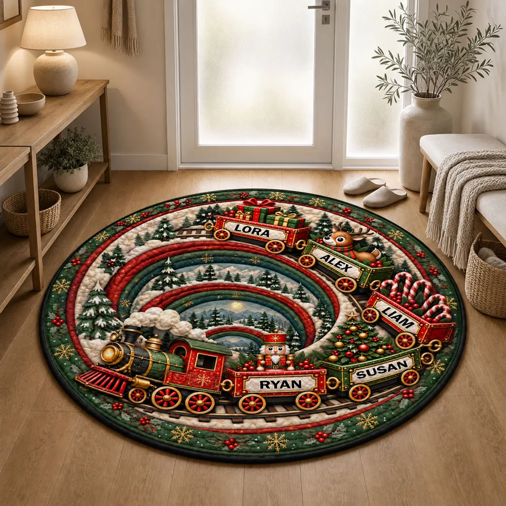 Magical Holiday Train Family - Personalized Quilted Round Mat - Christmas Gifts For Family, Mom, Dad, Brother, Sister