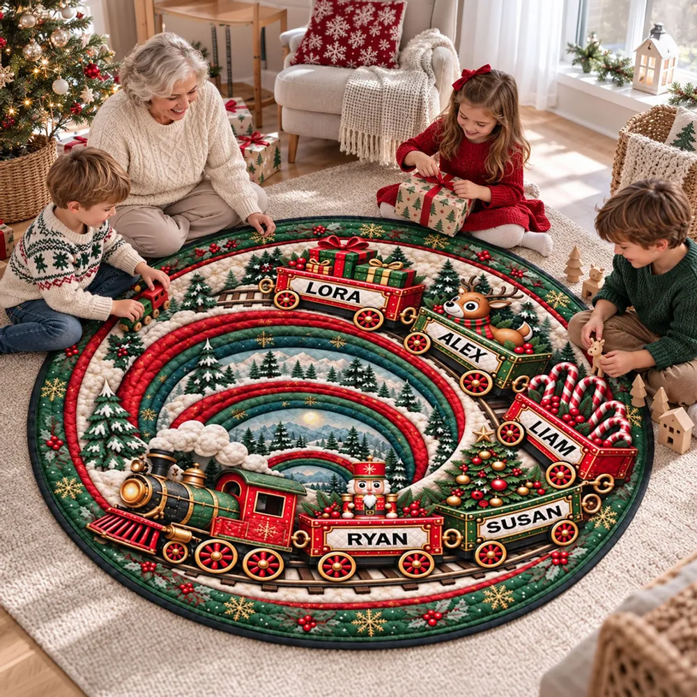 Magical Holiday Train Family - Personalized Quilted Round Mat - Christmas Gifts For Family, Mom, Dad, Brother, Sister