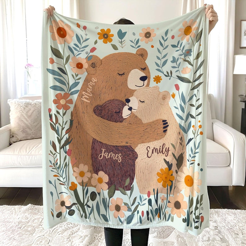 Mama Bear Flower - Personalized Custom Blanket - Mother's Day Gift Ideas For Mom, Grandma, Nana