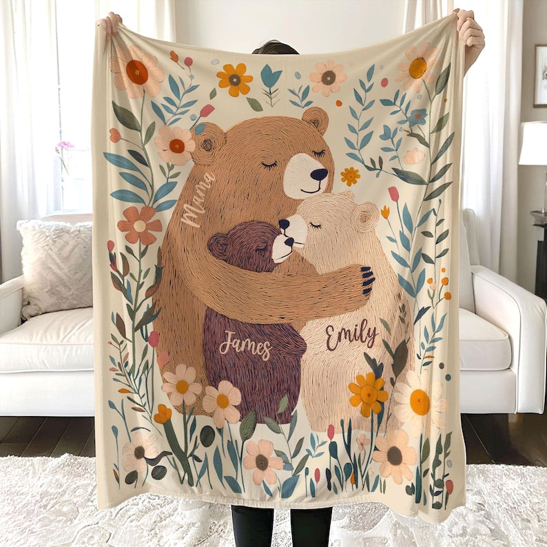 Mama Bear Flower - Personalized Custom Blanket - Mother's Day Gift Ideas For Mom, Grandma, Nana