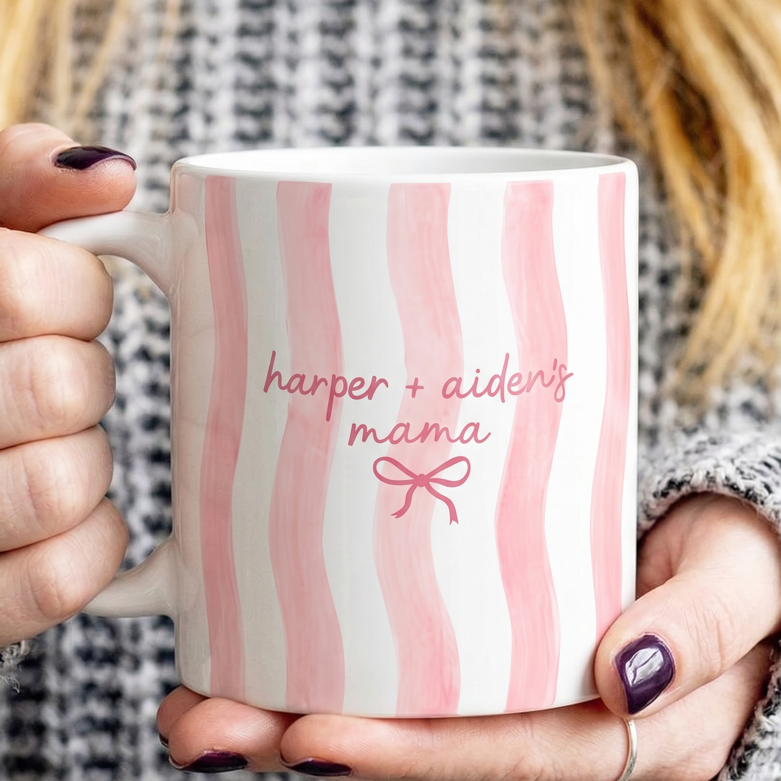 Kids Names Watercolor Pink Striped Mama Mug - Personalized Custom Mug - Mother's Day Gift For Mom, Grandma