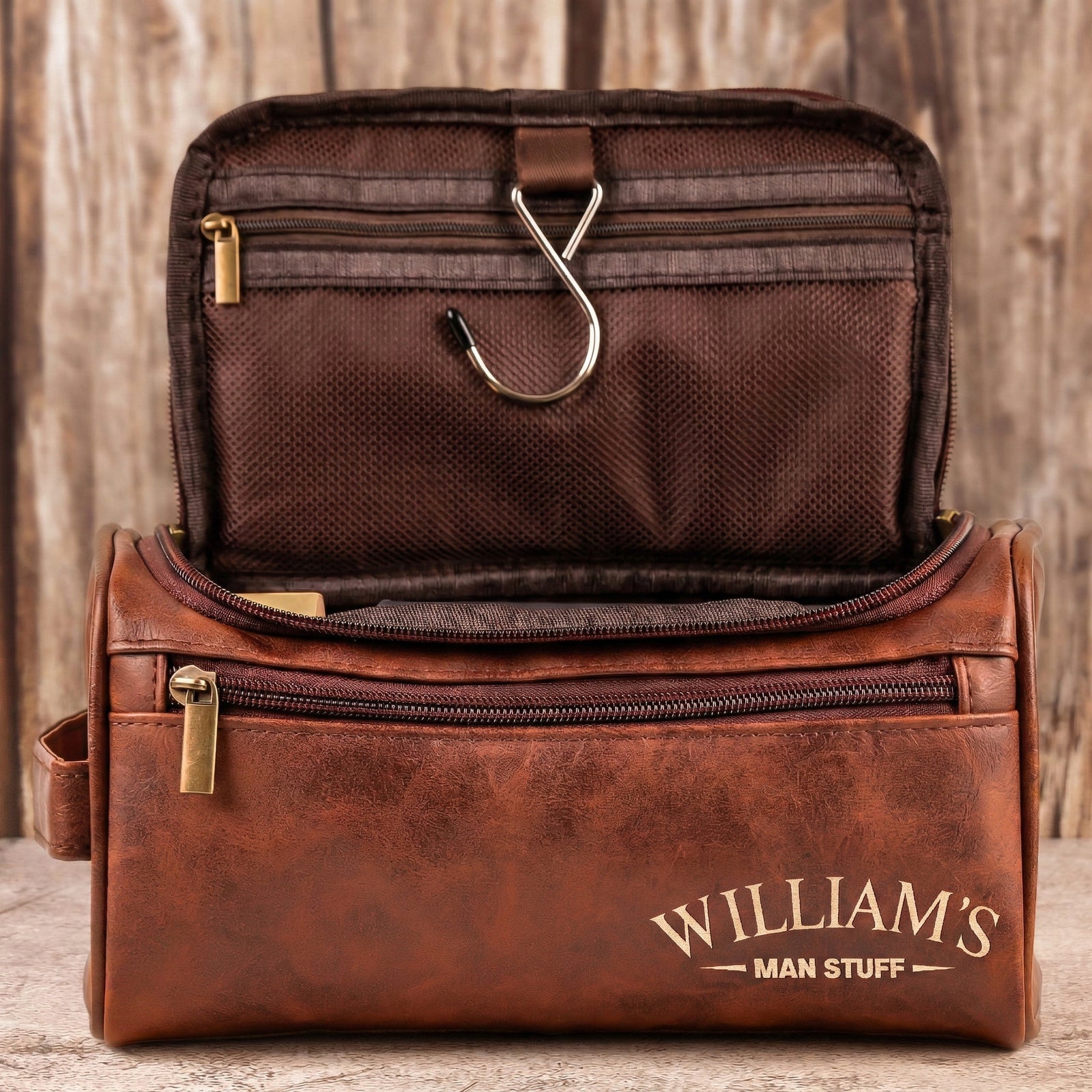 Man Stuff - Personalized Leather Toiletry Bag - Father's Day Gift for Him, Husband, Dad, Papa, or Grandpa