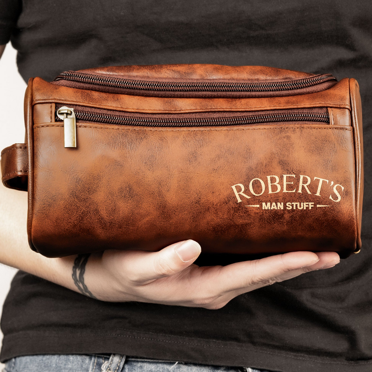 Man Stuff - Personalized Leather Toiletry Bag - Father's Day Gift for Him, Husband, Dad, Papa, or Grandpa