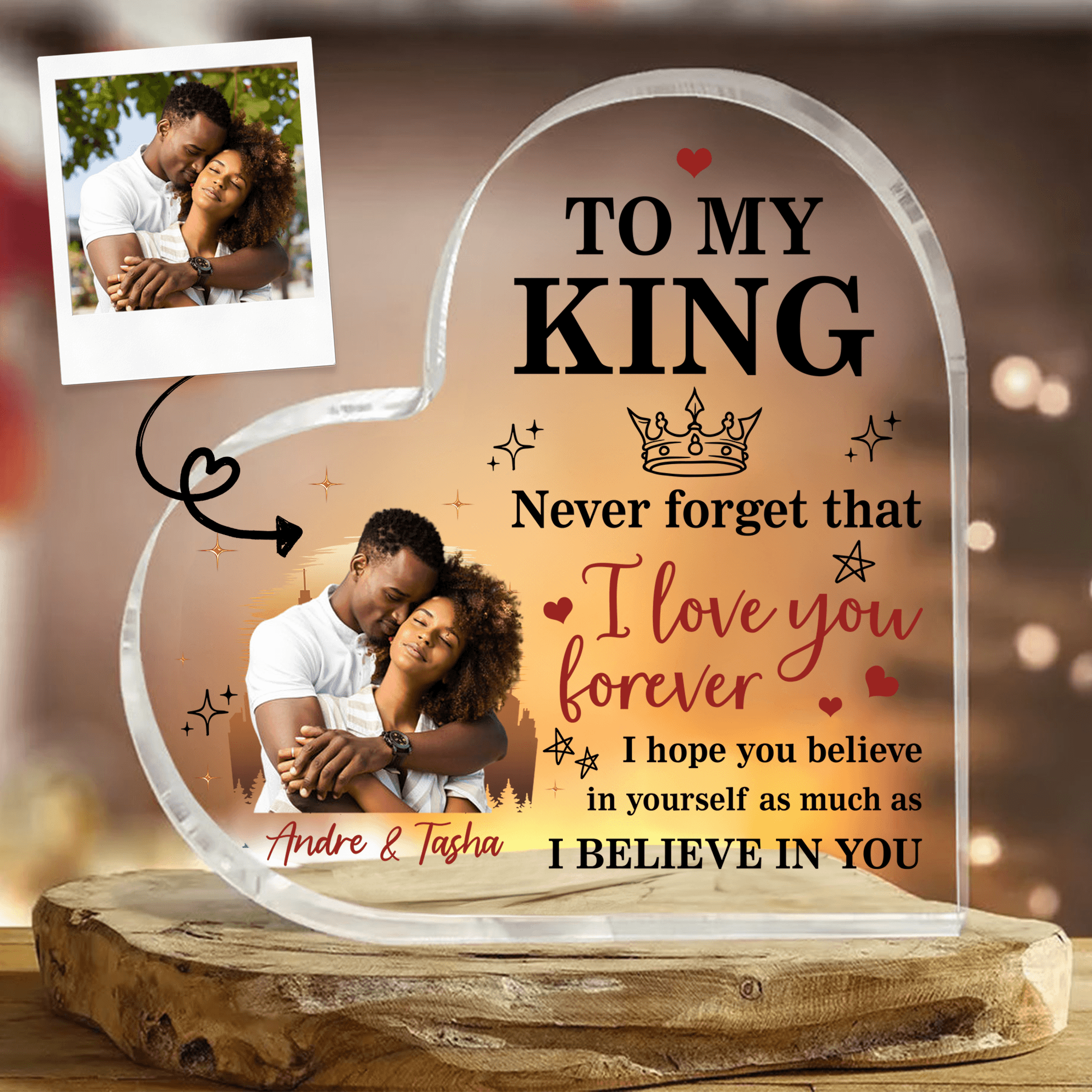 Custom Photo To My King, To My Queen Never Forget That - Personalized Custom Heart-shaped Acrylic Plaque - Valentine's Day, Anniversary Gift for Melanin, Afro, Black African American Couple, Husband, Wife, Girlfriend, Boyfriend, Her/Him, Family - Suzitee Store