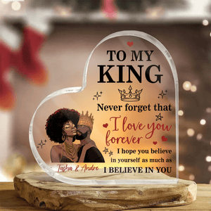 Custom Photo To My King, To My Queen Never Forget That - Personalized Custom Heart-shaped Acrylic Plaque - Valentine's Day, Anniversary Gift for Melanin, Afro, Black African American Couple, Husband, Wife, Girlfriend, Boyfriend, Her/Him, Family