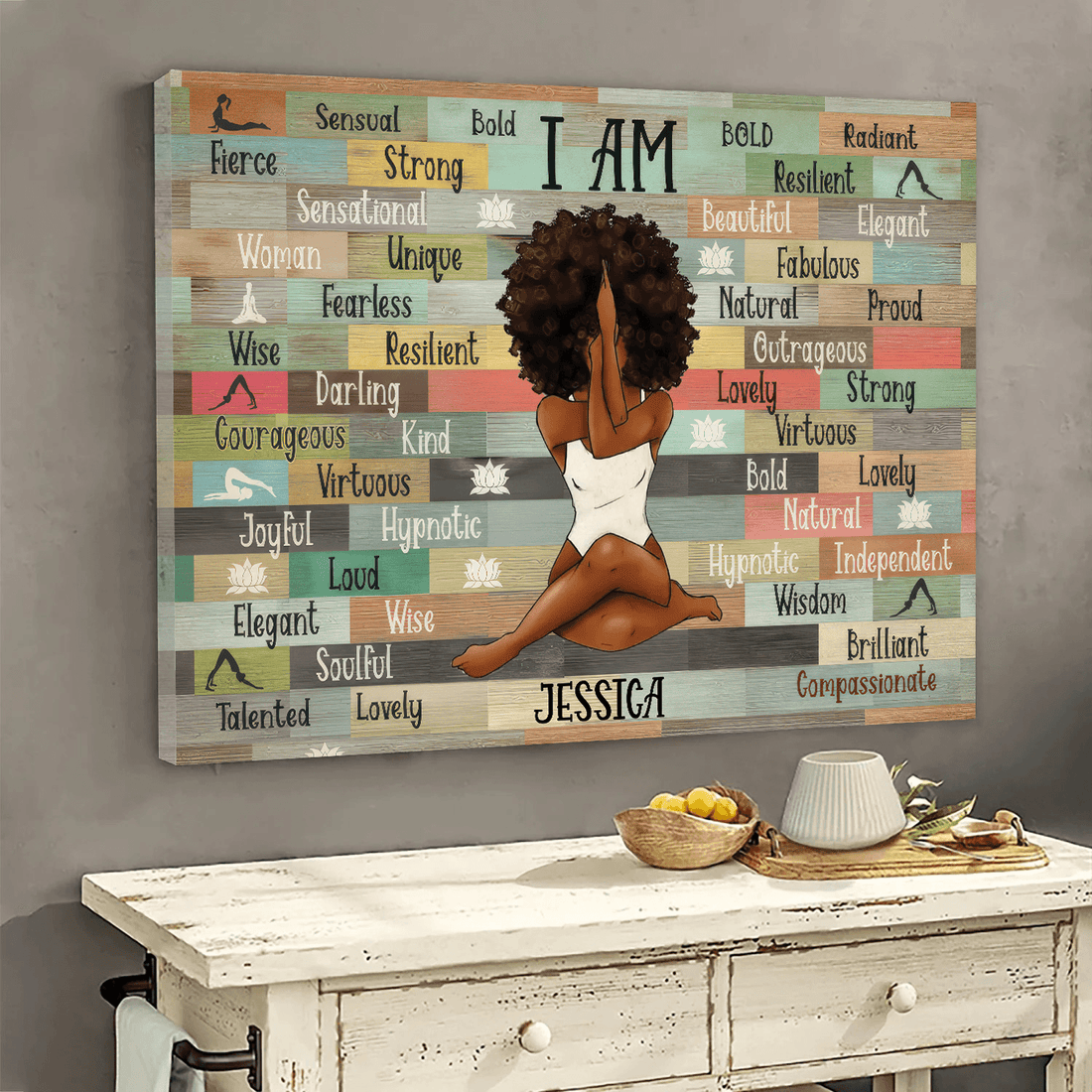 Personalized I Am Black Woman Yoga Pose canvas print, room placement ideas for bedroom, desk, kitchen and living room