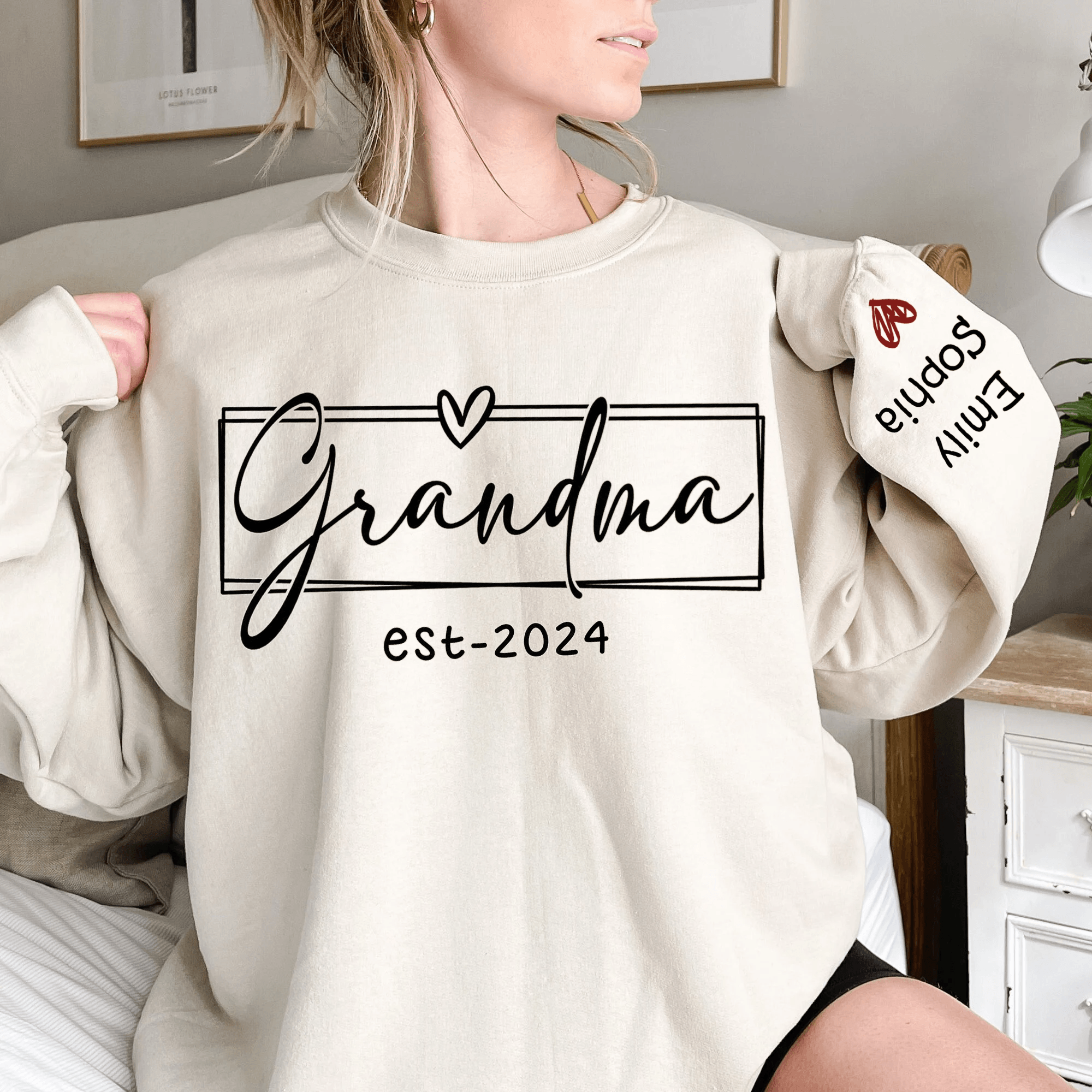 Grandma Est.2024 - Personalized Custom Sleeve Printed Sweater/Crewneck Sweatshirt - Mother's Day, Birthday, Loving, Funny Gift for Grandma/Nana/Mimi, Mom, Wife, Grandparent, Kids Names on Sleeve Sweater | Up to 5 Kids - Suzitee Store