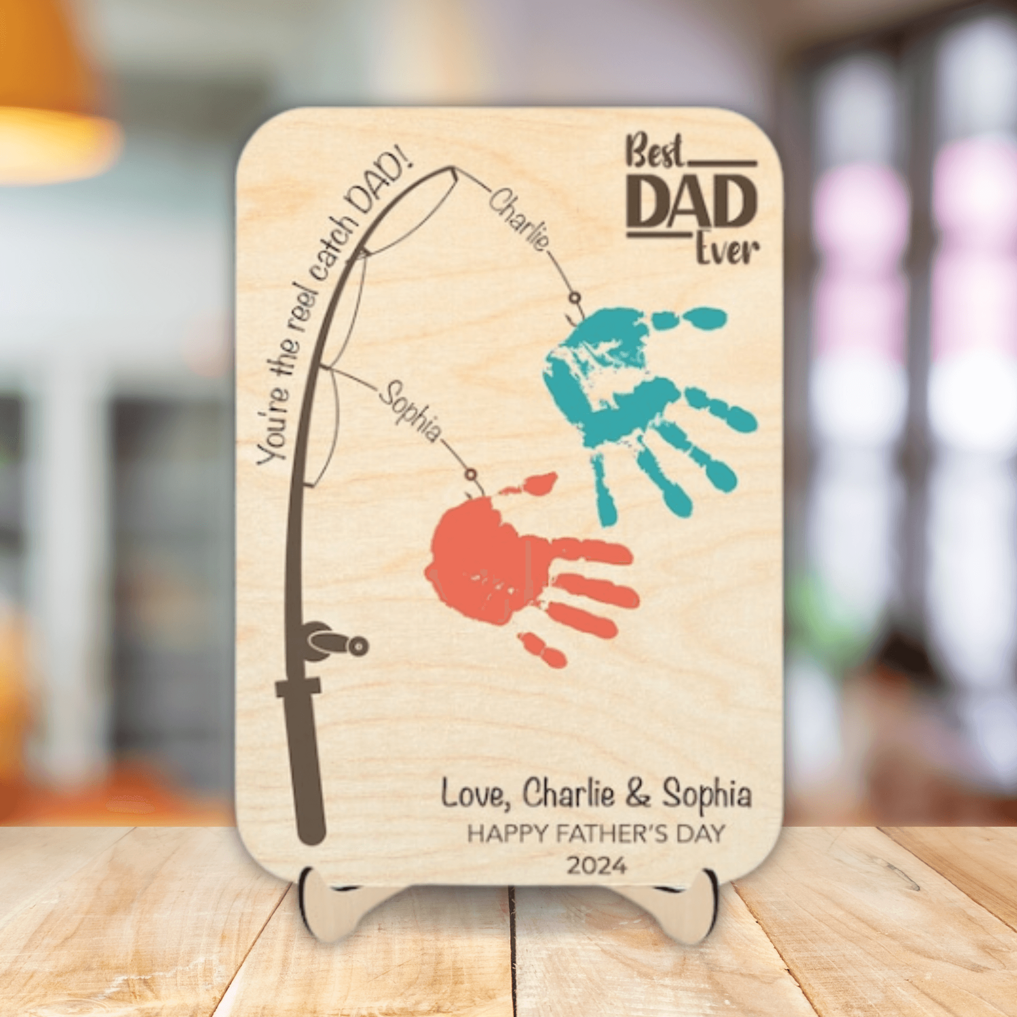 Fishing Handprint Sign - Personalized Wooden Plaque - Father's Day Gift for Dad, Papa, Grandpa, Daddy, Dada - Suzitee Store