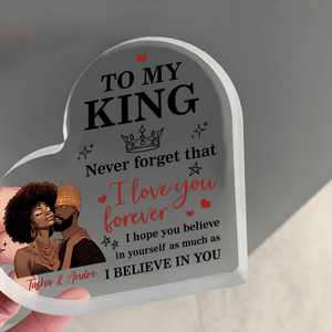 Custom Photo To My King, To My Queen Never Forget That - Personalized Custom Heart-shaped Acrylic Plaque - Valentine's Day, Anniversary Gift for Melanin, Afro, Black African American Couple, Husband, Wife, Girlfriend, Boyfriend, Her/Him, Family - Suzitee Store