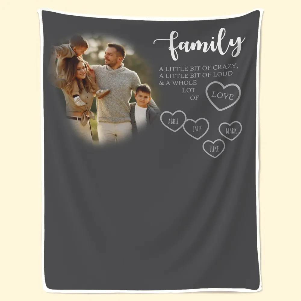 Personalized Family A Little Bit Of Crazy fleece blanket, held up in a bright room