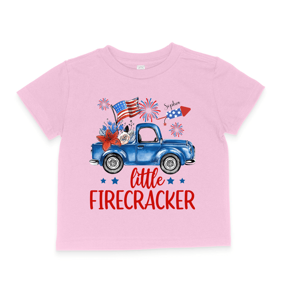 Little Firecracker 4th of July Patriotic - Personalized Custom Toddler T-Shirt - Gift for Baby, Son, Daughter, Grandkids