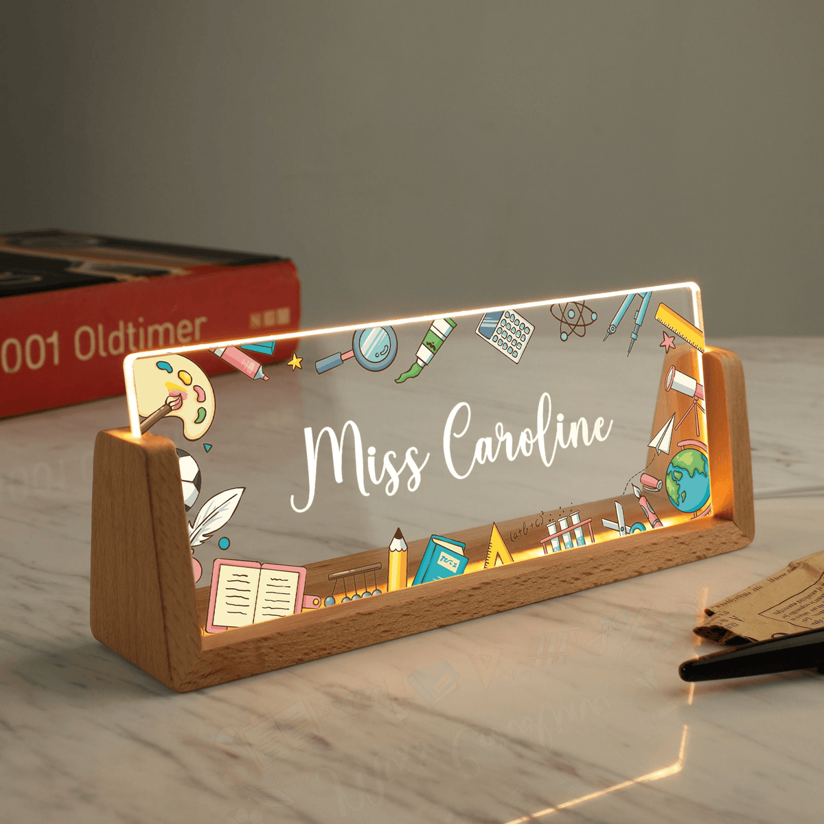 Name Desk Plate For Teacher - Personalized Acrylic Led Light With Wooden Base - Custom Gift For Teachers & Educators
