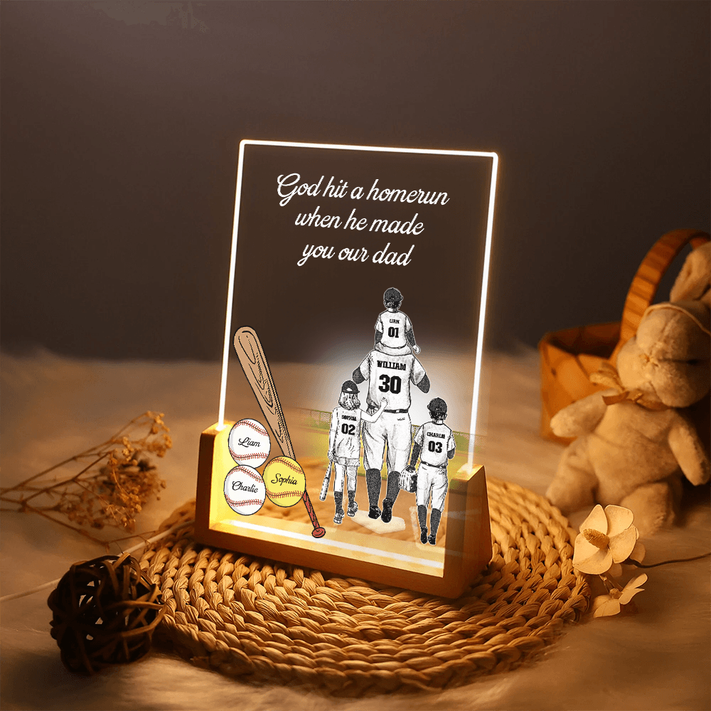 Custom Baseball/Softball Dad with Kids - Personalized Night Light, 3D Led Lamp With Wooden Base - Father's Day Gift for Dad, Papa, Grandpa, Daddy, Dada
