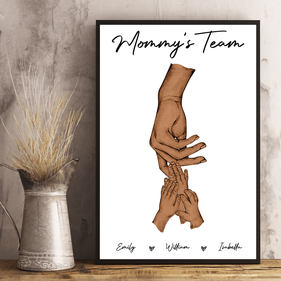 Personalized Mom Holding Kid's Hands poster, framed in a bright living room